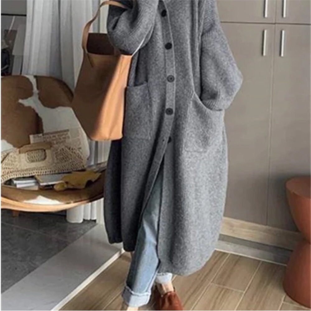 Sweater oversized gray outerwear Below Knee Button up Cardigan - Picture 10 of 10